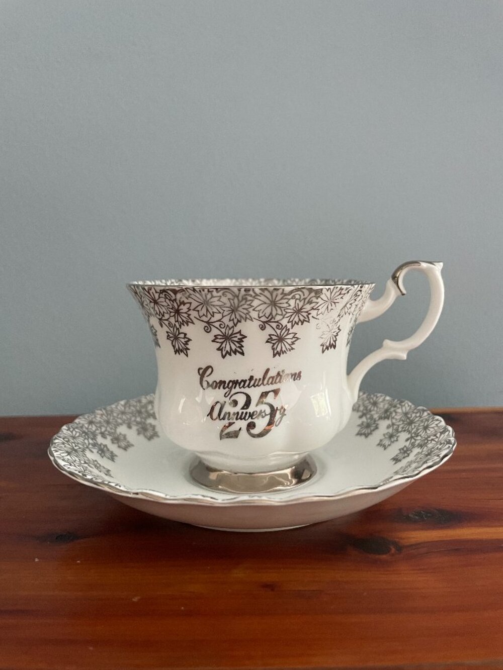 Royal Albert 25th Anniversary Tea Cup Saucer Silver Bone China Set